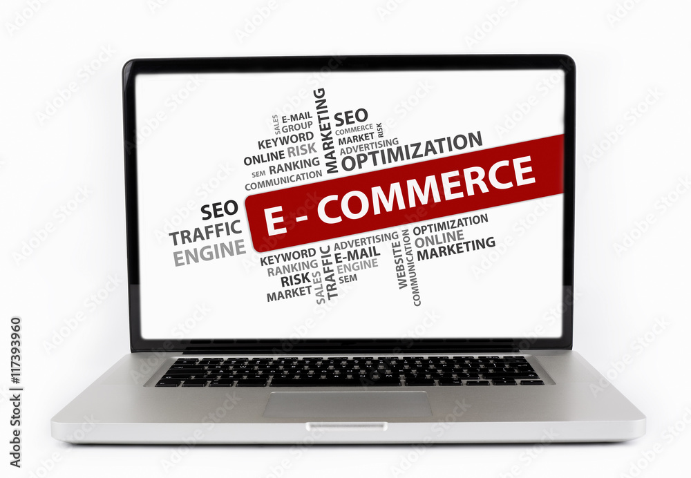 E - Commerce word cloud, Business concept. Laptop isolated on wh E - Commerce word cloud, Business concept. Laptop isolated on wh