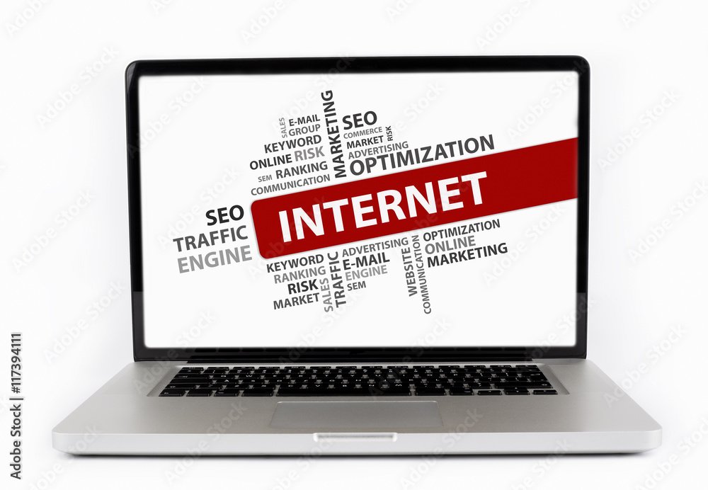 Internet word cloud, Business concept. Laptop isolated on white Internet word cloud, Business concept. Laptop isolated on white