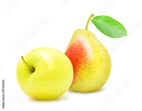 Fresh ripe apple and pear with green leaf isolated on a white background. Design element for product label  catalog print  web use.