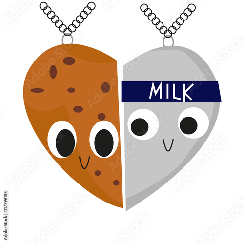 Two-piece Heart Necklace Milk and Cookie. Funny characters. Smile. Vector illustration