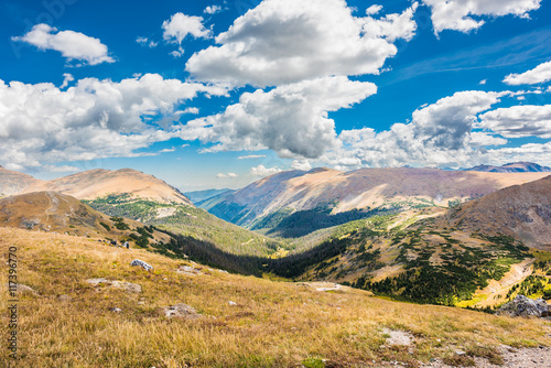 Overlook of Rocky Mountains with plains and pine forest in Colorado