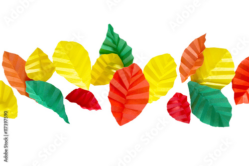 Autumn leaf background red yellow colorful origami paper leaves.