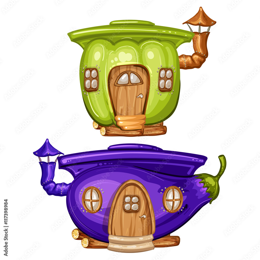 House for gnome made from eggplant and caspicum - obrazy, fototapety, plakaty 