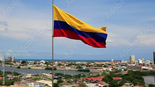 Colombian Flag over city of Cartagena, Colombia