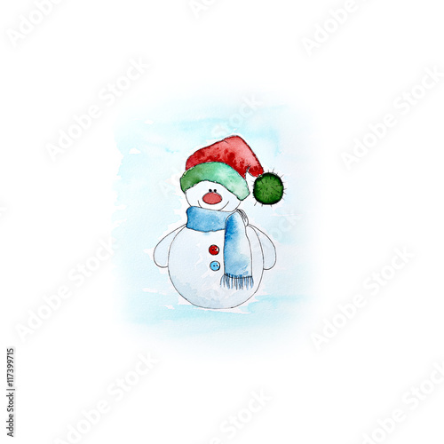 Watercolor Snowman with a Bobble Hat (hand drawn)