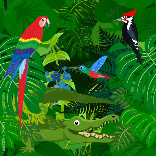 Seamless vector tropical rainforest Jungle background with kids animals