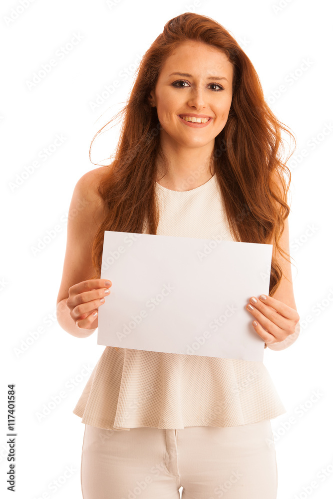 Sign board. Woman holding big white blank card. Positive emotion Sign board. Woman holding big white blank card. Positive emotion