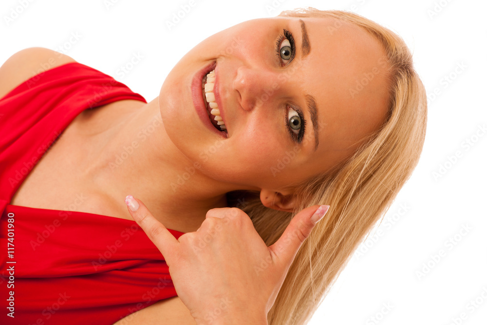 Blond woman in red shirt gestures call me isolated over white Blond woman in red shirt gestures call me isolated over white