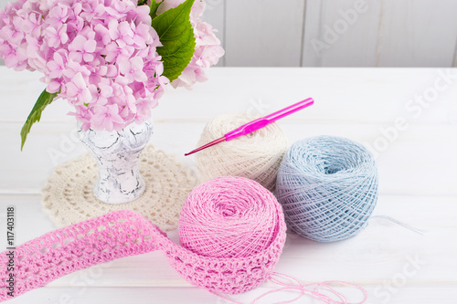 Yarn for crochet and hortensia in vase