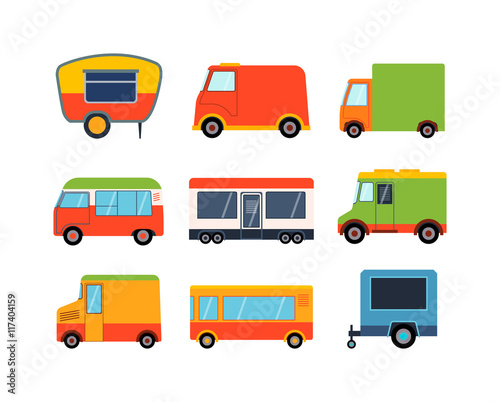 Street food festival color trailers labels set, van restaurant. Cafe urban food truck trailers, mobile market, event and transport. Vector illustration food truck trailers, fast delivery service.