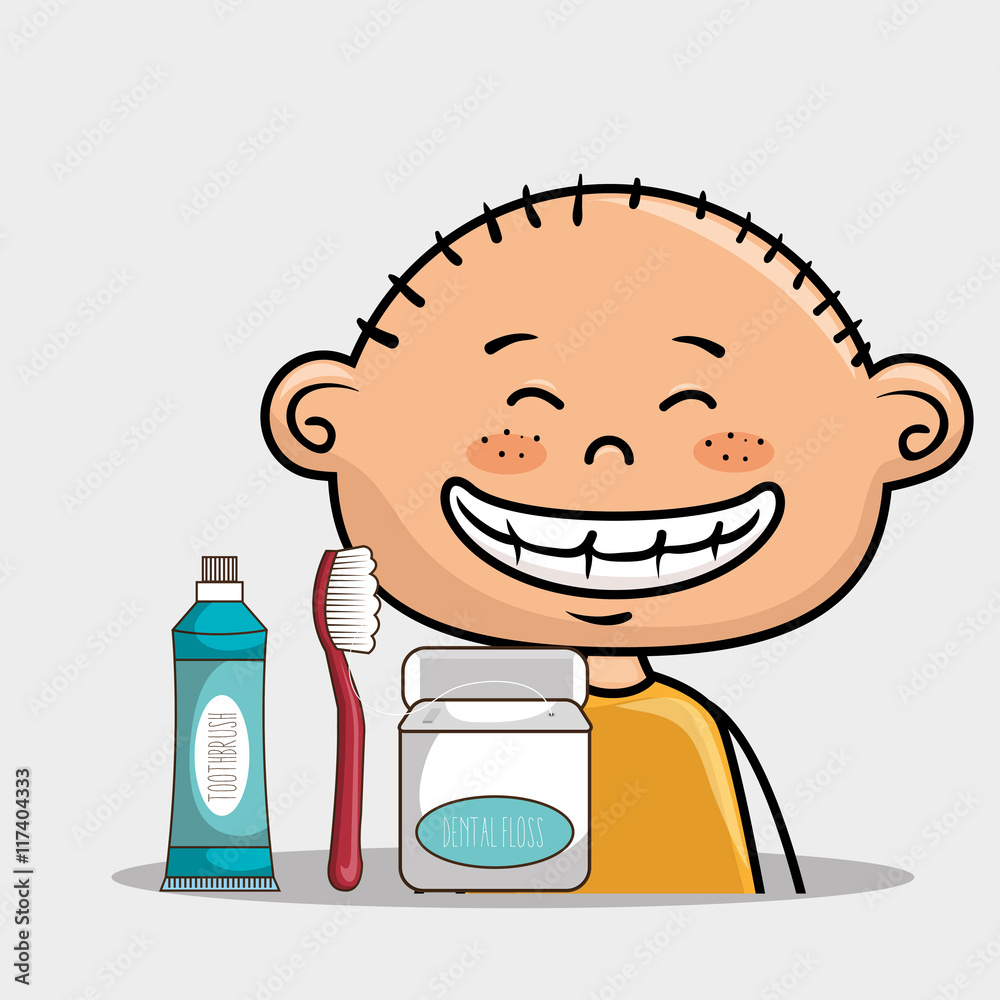 Smiling cartoon boy with dental care implements Smiling cartoon boy with dental care implements