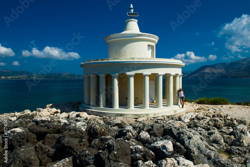 Lighthouse in Kefalonia. Landscape of Lighthouse of St. Theodore at Argostoli, Kefalonia, Ionian islands, Greece. Attraction of the island of Kefalonia. The current lighthouse on the island. 
