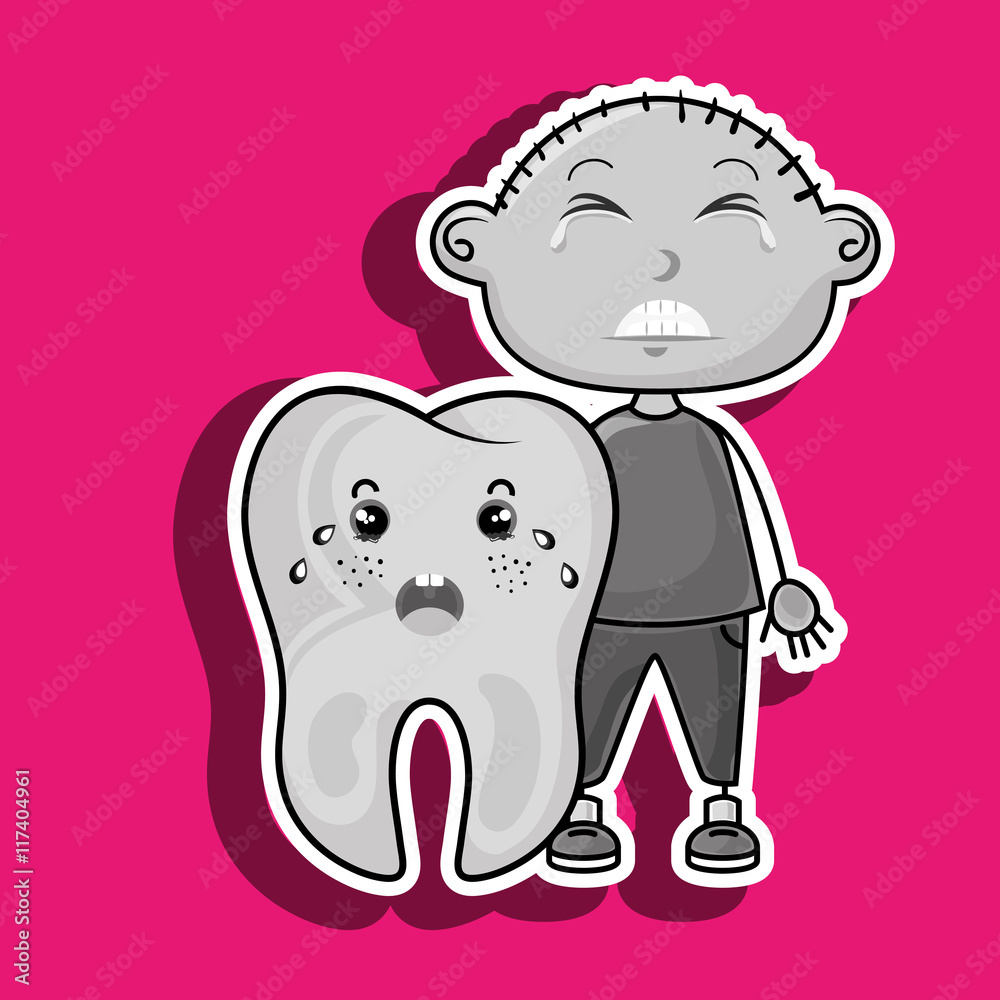 Naklejka premium crying cartoon of a boy and a tooth with a toothache