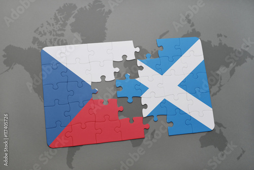puzzle with the national flag of czech republic and scotland on a world map background.