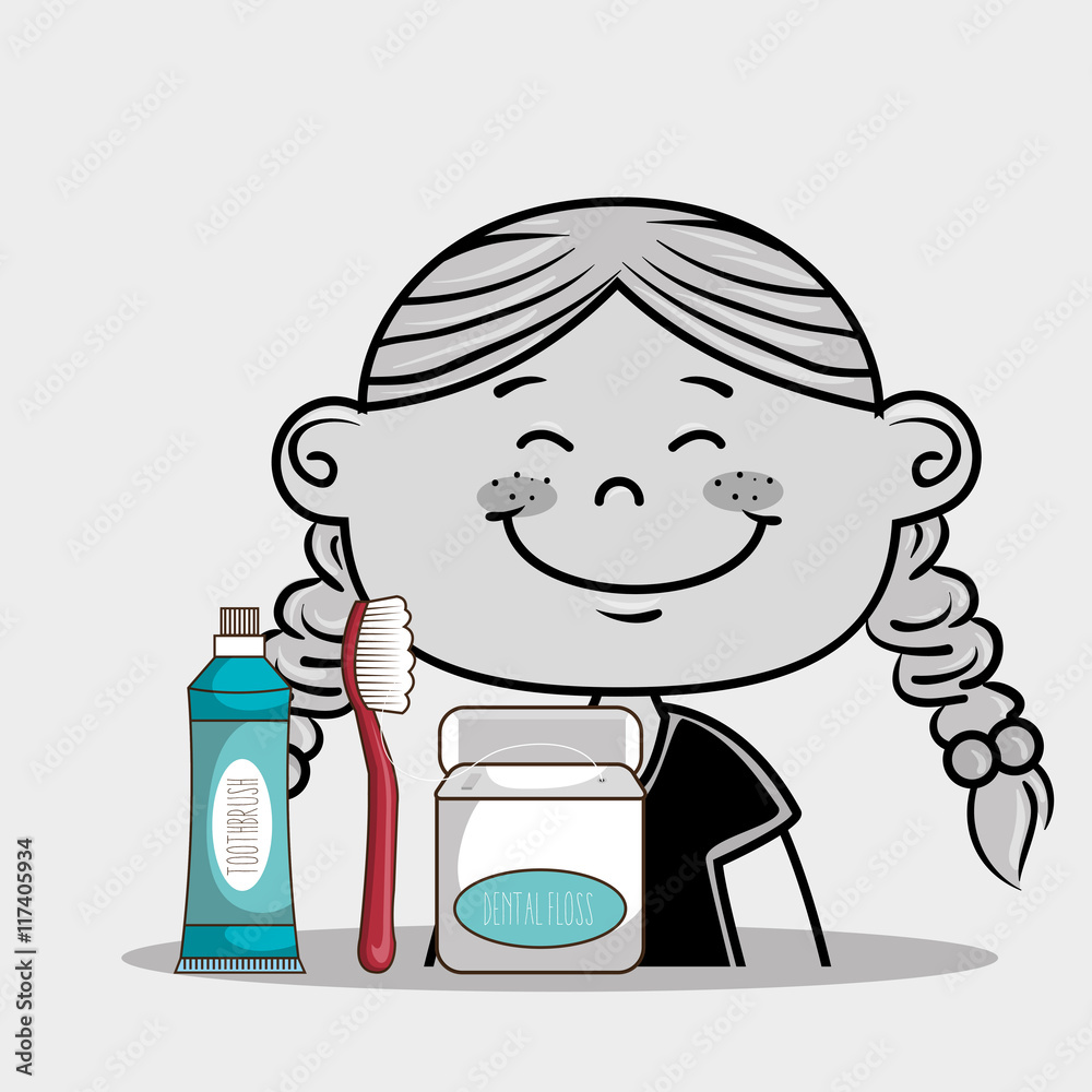 smiling cartoon girl with dental care implements vector illustra smiling cartoon girl with dental care implements vector illustra