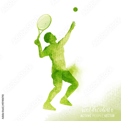 Active male Tennis player about to hit a tennis ball for serve - Watercolour vector illustration.