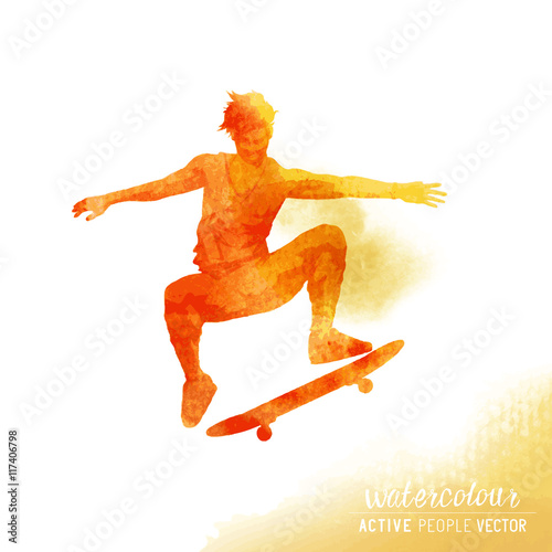 A Skater flipping a skateboard. Watercolour vector illustration.