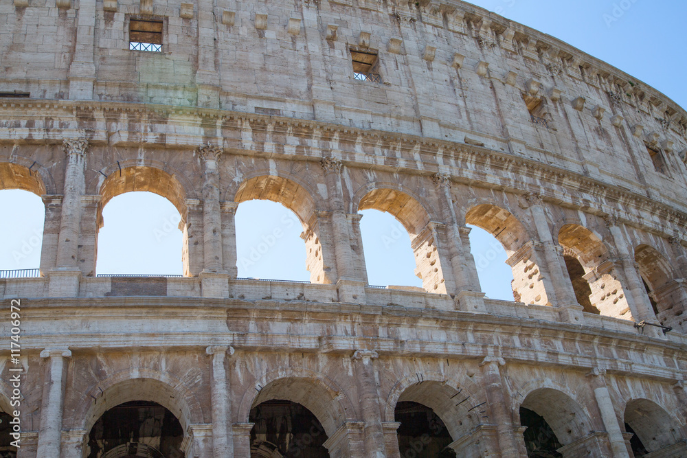 ROME, ITALY - APRIL 8, 2016: Ruins of Coliseum, panoramic view 