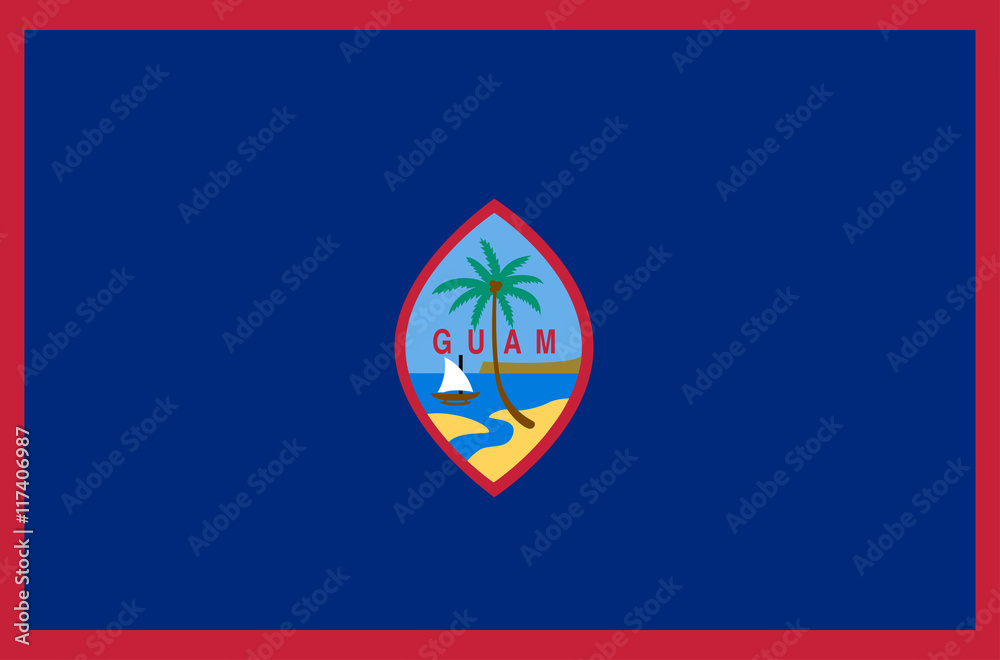 Naklejka premium Vector flat style Territory of Guam state flag. Official design of Guam national flag. Symbol with seal emblem with palm and island. Independence day, holiday, button, template background illustration