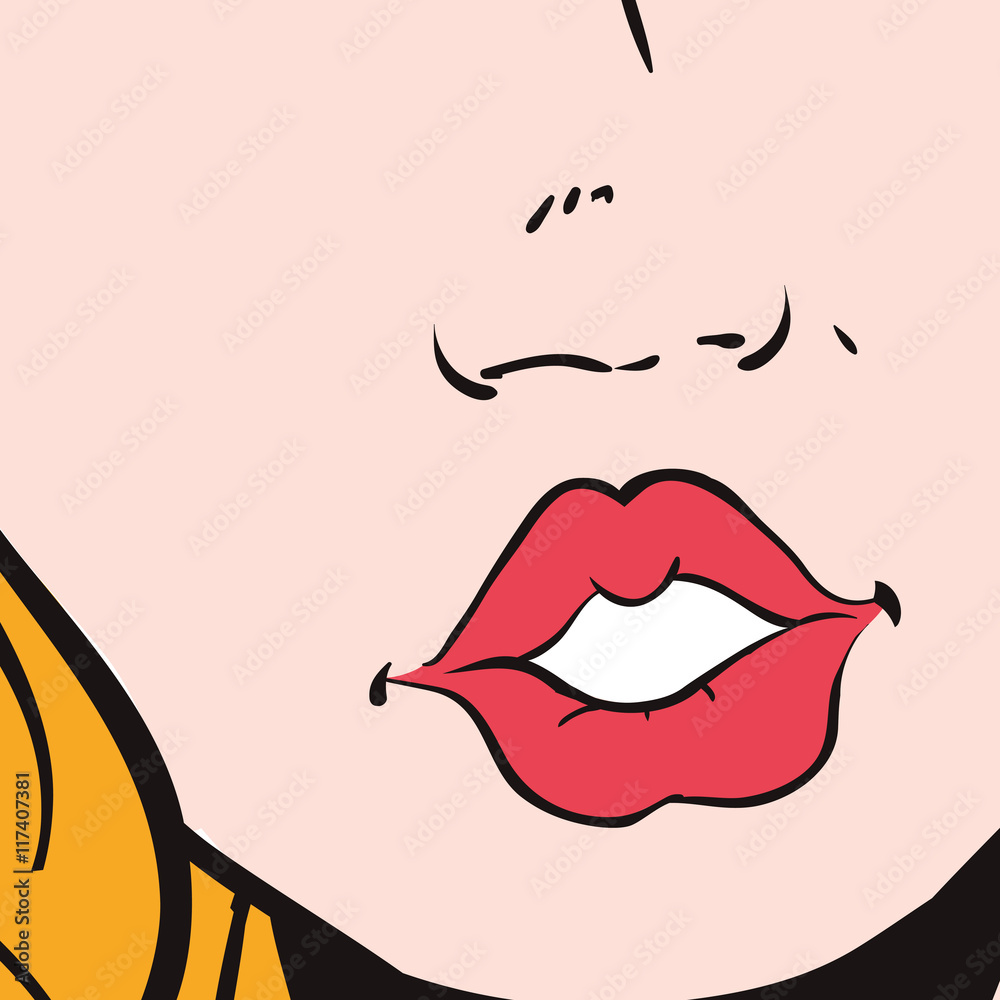 Woman mouth lips pop art female avatar person retro vintage icon. Colorfull and flat illustration. Vector graphic