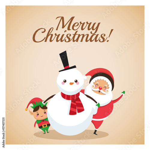 Merry Christmas concept represented by snowman elf and santa icon over pastel brown background. Colorfull and classic illustration inside frame. © Jemastock