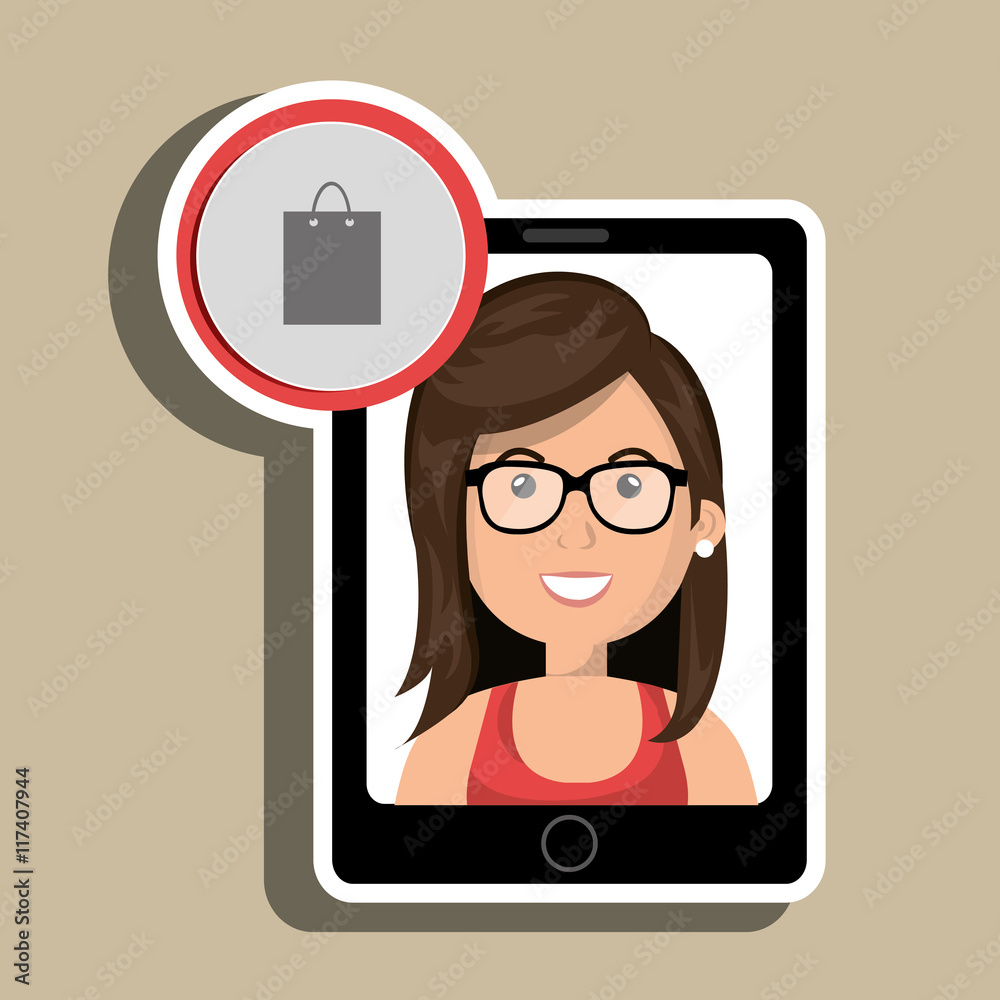 black smartphone with a cartoon woman in the screen and a shoppi black smartphone with a cartoon woman in the screen and a shoppi