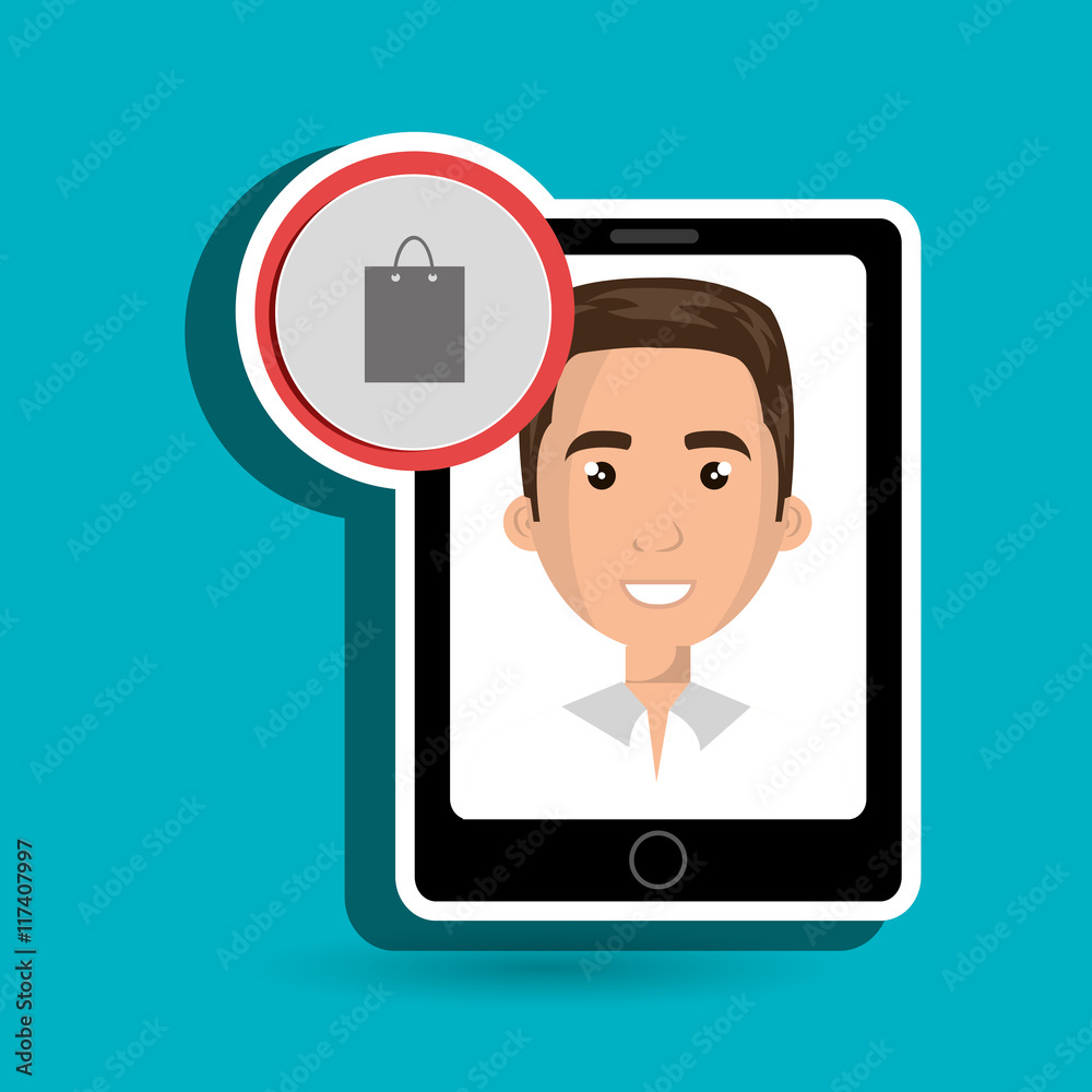 black smartphone with a cartoon man in the screen and a shopping