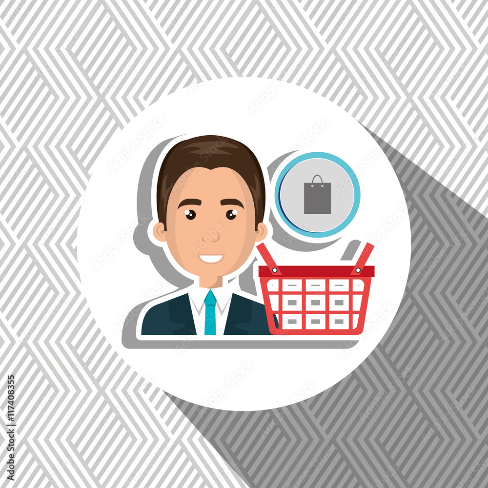 cartoon business man wearing suit next to a shopping basket and cartoon business man wearing suit next to a shopping basket and