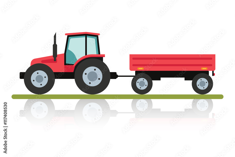 Red tractor with a trailer for transportation of large loads. Agricultural machinery in flat cartoon style isolated on white background.
