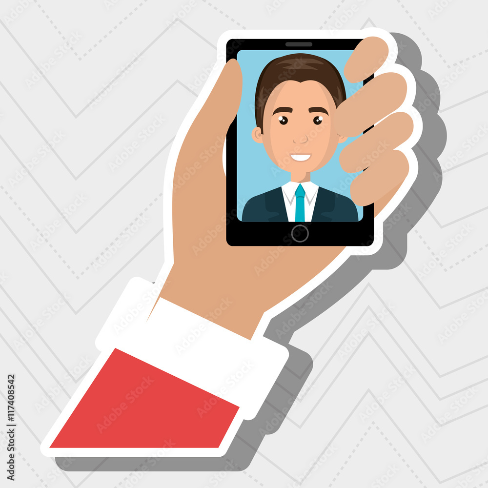 cartoon business man hand holding black smartphone with a cartoo cartoon business man hand holding black smartphone with a cartoo