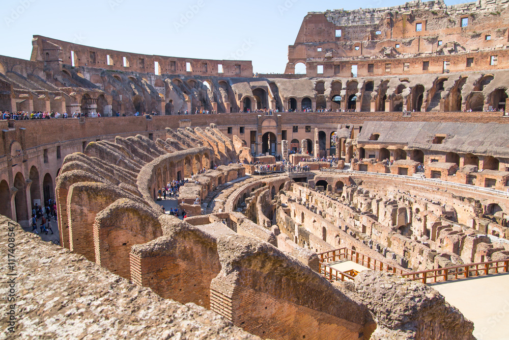 ROME, ITALY - APRIL 8, 2016: Ruins of Coliseum, panoramic view with underground levels of gladiator's rooms and animal's cages