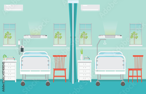 Hospital ward room interior with beds.