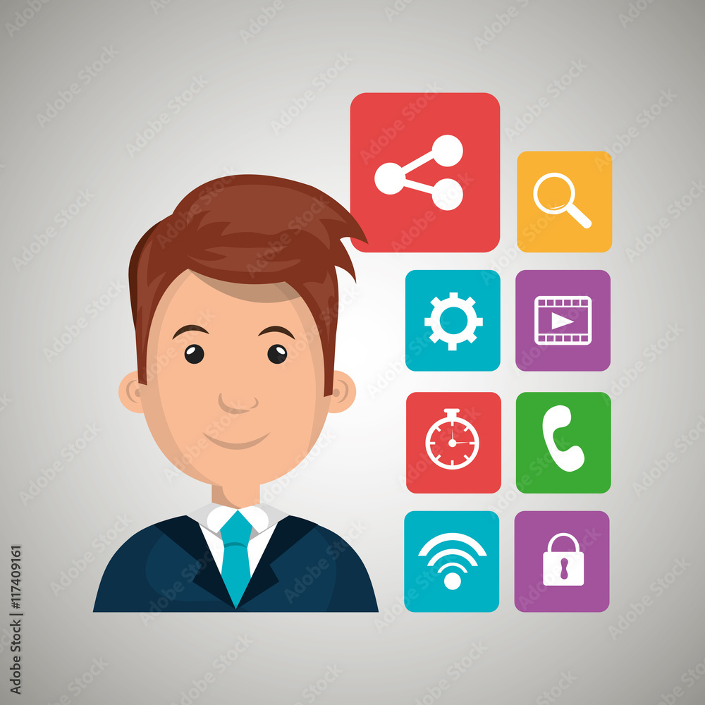 Cartoon man with media icon set, vector graphic Cartoon man with media icon set, vector graphic