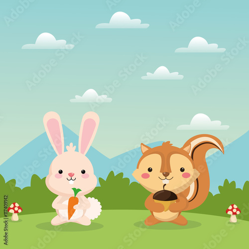 Woodland animal concept represented by cute squirrel and rabbit cartoon icon over landscape. Colorfull and flat illustration. © Jemastock