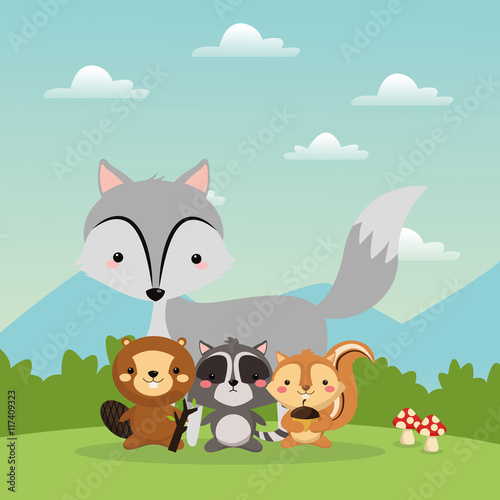 Woodland animal concept represented by cute wolf beaver raccoon squirrel cartoon icon over landscape. Colorfull and flat illustration. 