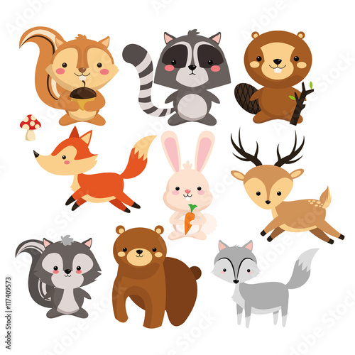 Woodland animal concept represented by cute squirrel raccoon beaver fox rabbit reindeeer skunk bear wolf cartoon icon. Colorfull and flat illustration. 