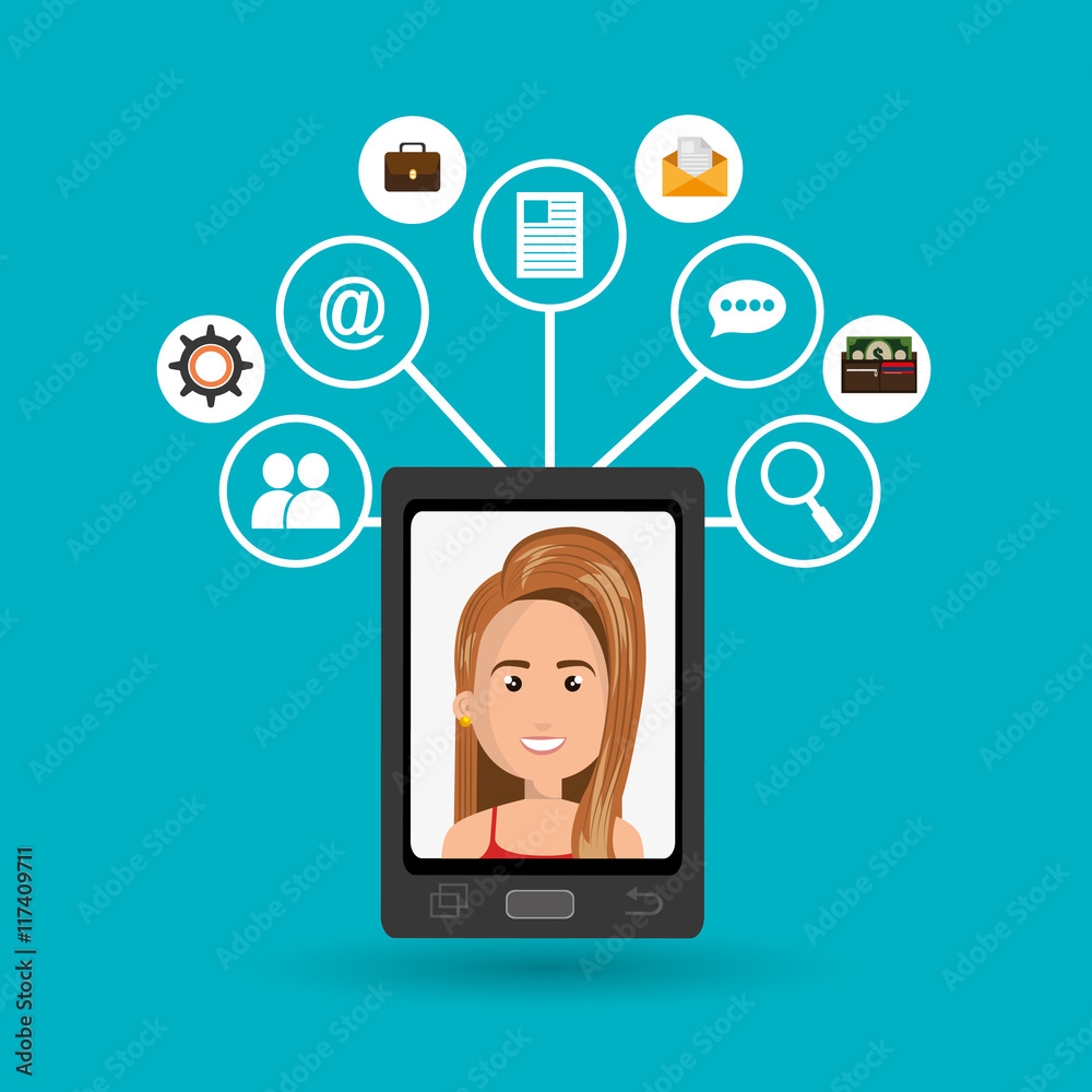 cartoon woman on smartphone screen and media icon set above vect cartoon woman on smartphone screen and media icon set above vect