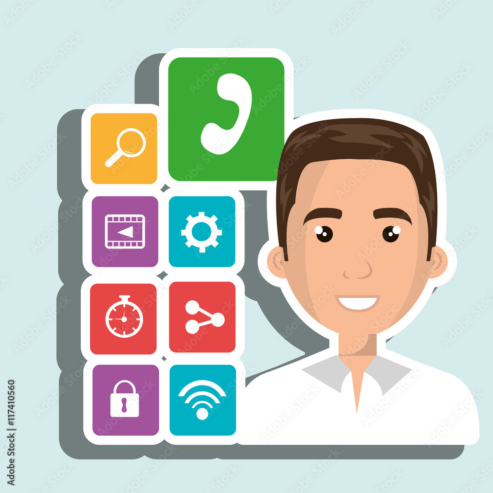 Cartoon man with media icon set, vector graphic Cartoon man with media icon set, vector graphic