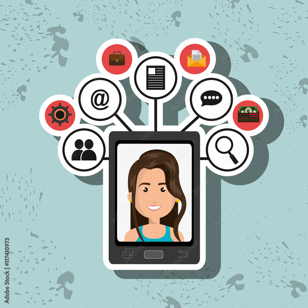 cartoon woman on smartphone screen and media icon set above vect cartoon woman on smartphone screen and media icon set above vect