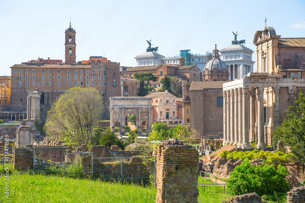 ROME, ITALY - APRIL 8, 2016: Roman's forum with ruins of important ancient government buildings started 7th century BC