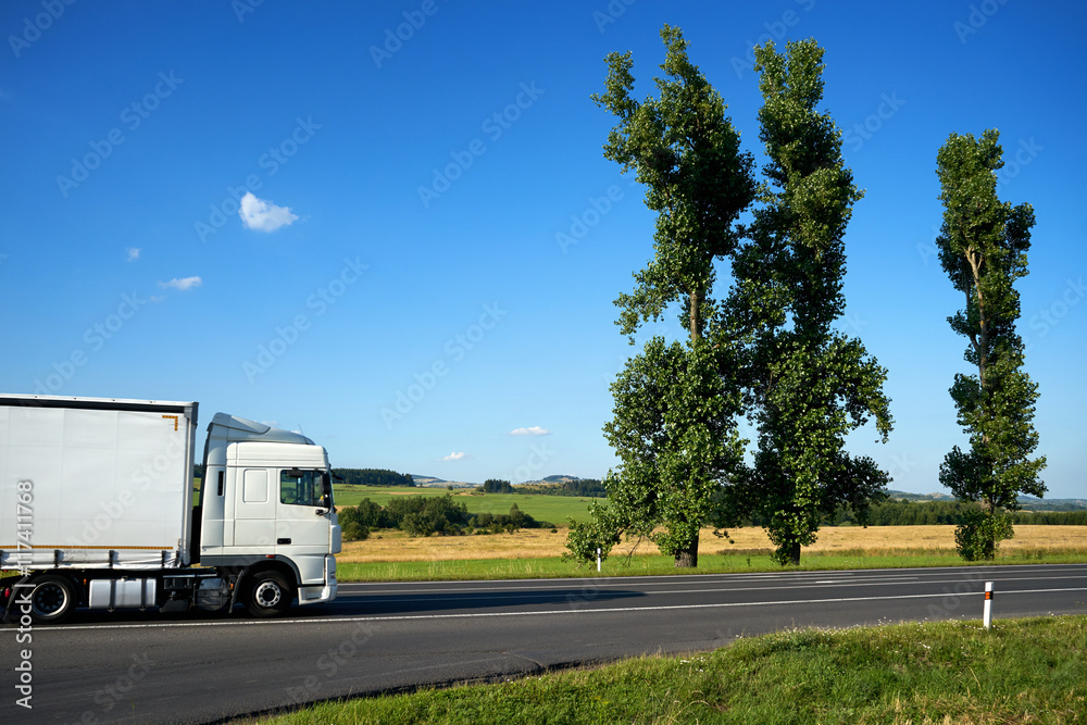 White truck driving on asphalt road past the two tall poplars in the countryside under a blue sky.