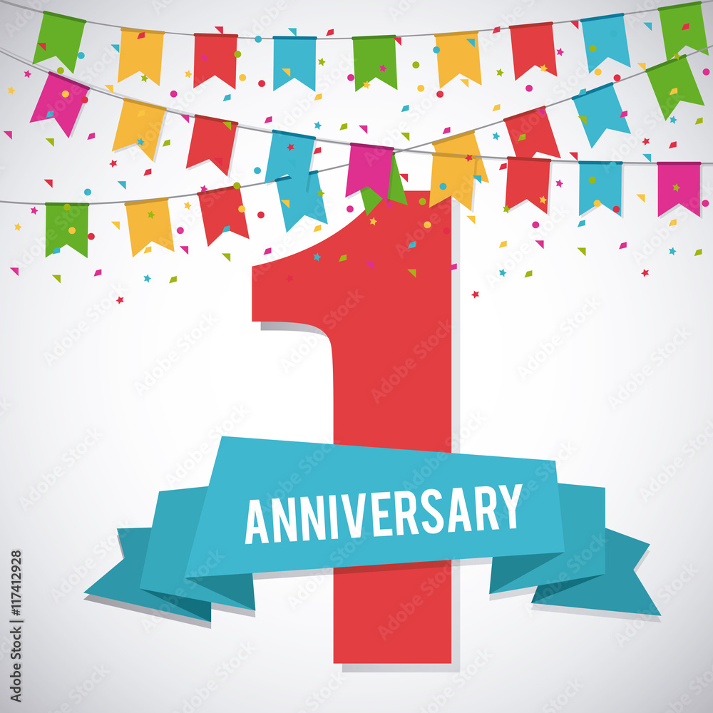 Celebrating Anniversary concept represented by 1 year number icon. Colorfull and flat illustration.