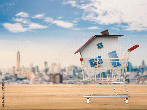 home buyer concept with mock up house in shopping cart