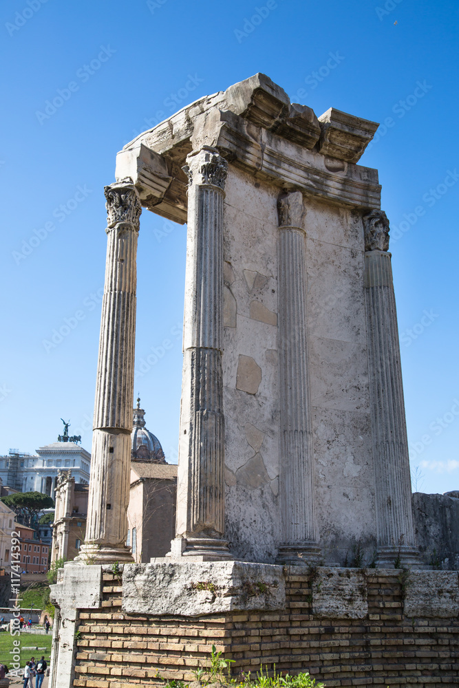 ROME, ITALY - APRIL 8, 2016: Temple of Vesta Roman's forum with ruins of important ancient government buildings started 7th century BC