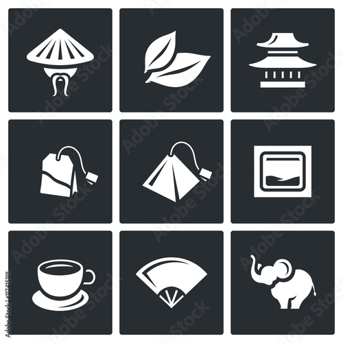 Vector Set of Tea Icons. China, Leaf, Temple, Teabag, Cup, Ceremony, Elephant