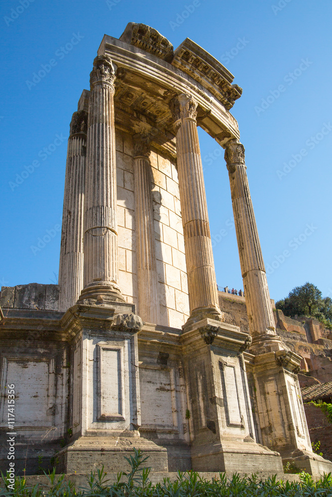 ROME, ITALY - APRIL 8, 2016: Temple of Vesta Roman's forum with ruins of important ancient government buildings started 7th century BC