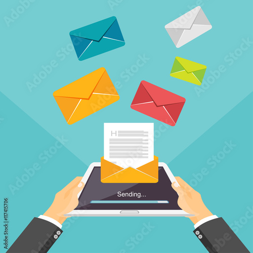 Email illustration. Sending or receiving email by tablet or smartphone concept illustration. Email marketing. Broadcast messages.