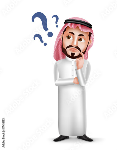 Saudi arab man vector character wearing thobe with confused or thinking facial expression isolated in white background. Vector illustration.
 photo