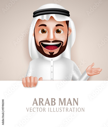 Saudi arab man vector character happy smiling holding white blank board for message and text while talking. Vector illustration.
