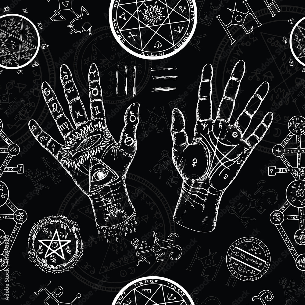 Naklejka premium Chiromancy seamless background with human hands and mystic symbols